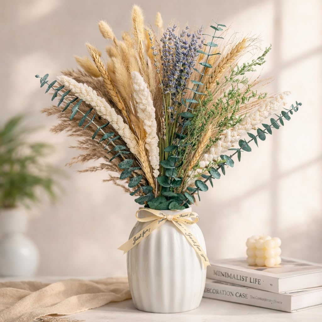 Boho Dried Flower Bouquet – Pampas Grass Bouquet with Lavender, Eucalyptus, Wheat & Bunny Tail – Rustic Dried Floral Arrangement for Olive Green Decor, Farmhouse Flowers, and Wedding Centerpieces