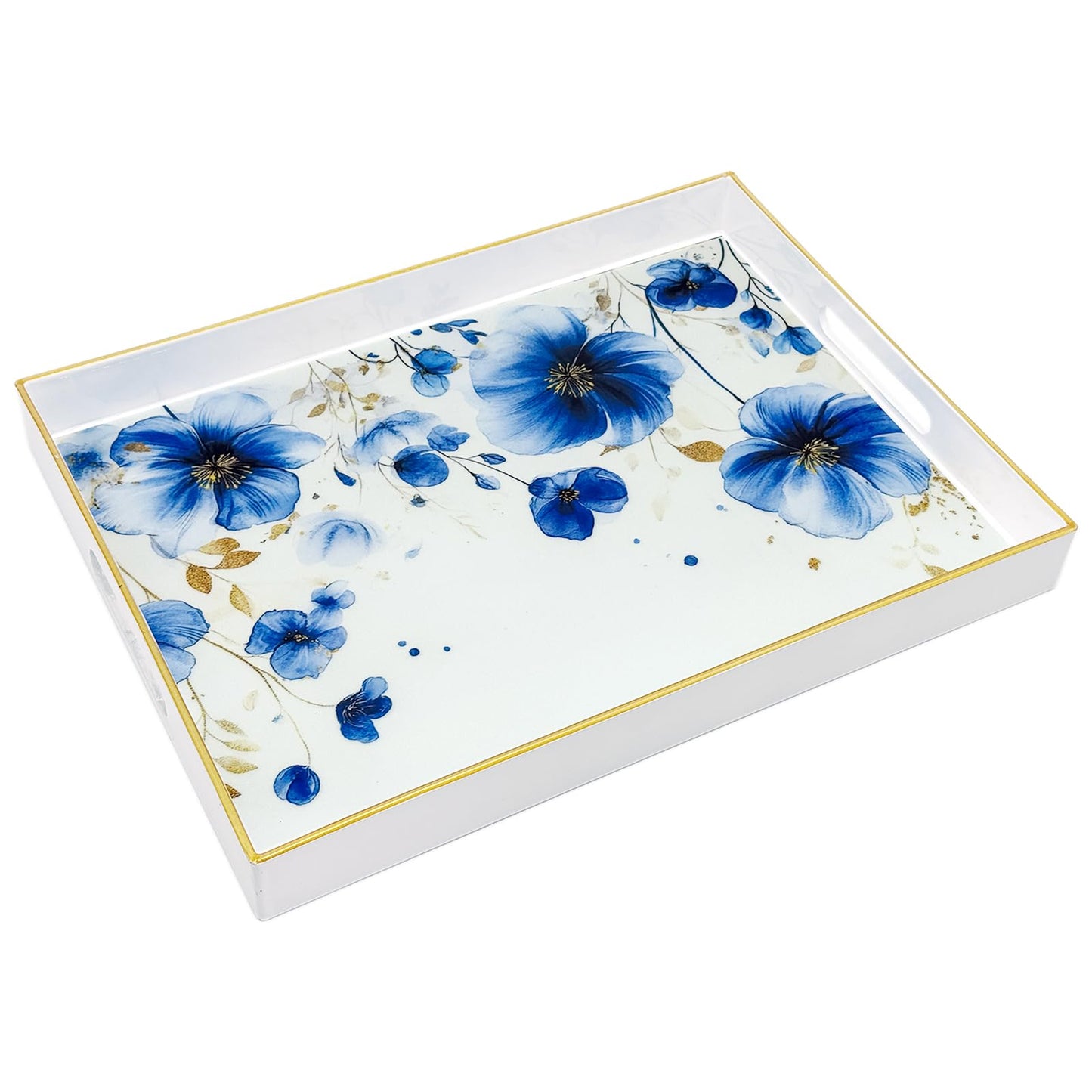 PDUHKO Serving Tray with Handles, 15.7 * 11.8 inches, Plastic Ottoman Tray with Exquisite Paintings, Trays for Coffee Table