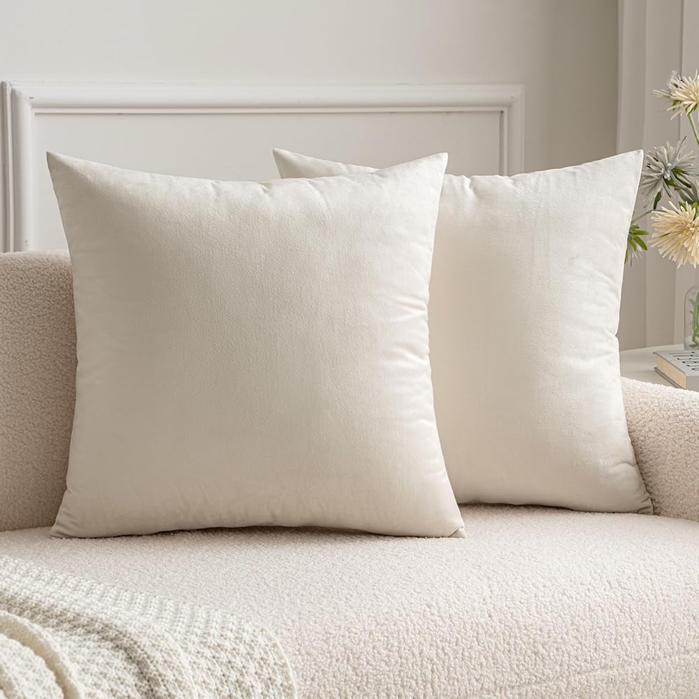 MIULEE Velvet Throw Pillow Covers 18x18 inch, Pack of 2 - Cream White, Soft Solid Decorative Pillow Covers Cushion Cases Modern Luxury Home Decor for Spring Couch Sofa Bedroom Livingroom,Car