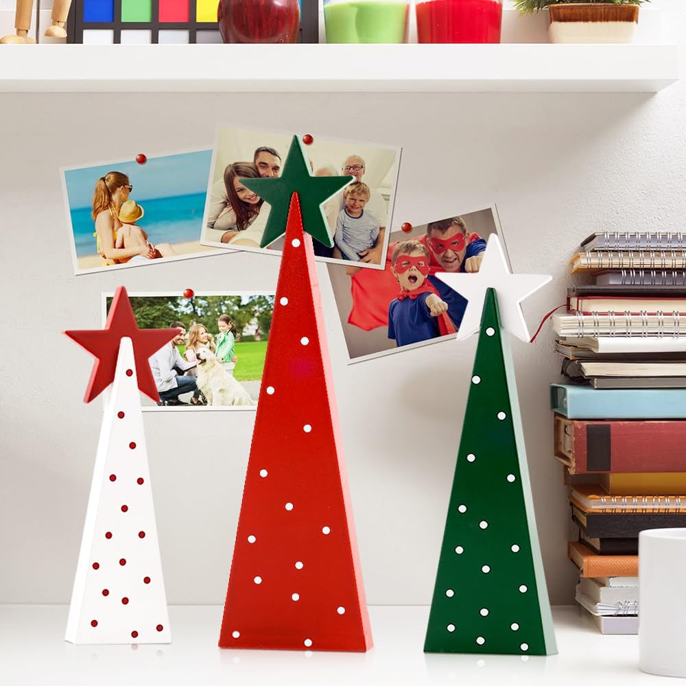 Christmas Decorations Indoor, Christmas Decor - 3 PCS Wooden Xmas Tree Signs with Stars for Home, Table, Fireplace Mantel, Shelf, Office Desk, Party Decor - Xmas Holiday Decorations