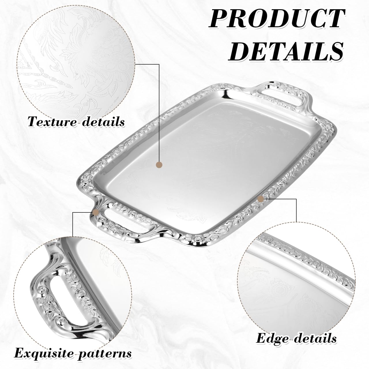 Housoutil Metal Serving Tray, Silver Large Rectangular Antique Serving Platter, European Retro Style Tray for Cookies, Charcuterie, Snacks, Desserts, Fruit, Party Food (39. 00x23. 00x1. 70cm)