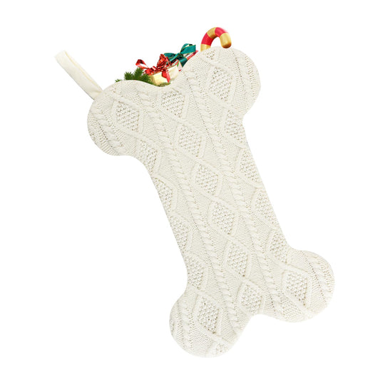 KCFESTIHUE Christmas Stocking, Large Dog Bone Shape, Super Soft Cable Knit Pattern, 18", Fireplace Hanging Holiday Decoration, Knitted Xmas Stockings for Pets, Family Party Décor, White