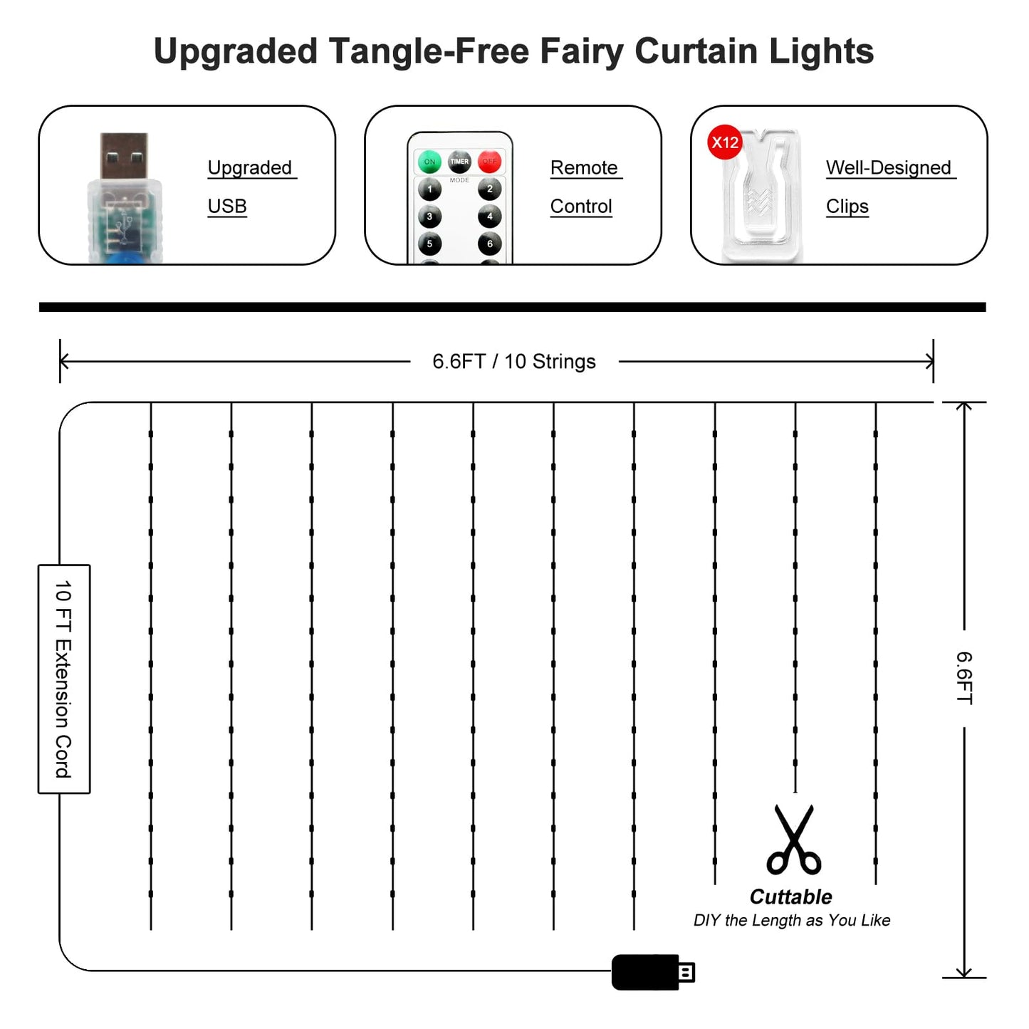 HOLITS Fairy Curtain Lights Upgraded Tangle-Free Cool White USB Plug in 8 Modes String Hanging Lights with Remote for Christmas, Bedroom, Indoor, Outdoor, Weddings, Party (6.6FTx6.6FT)