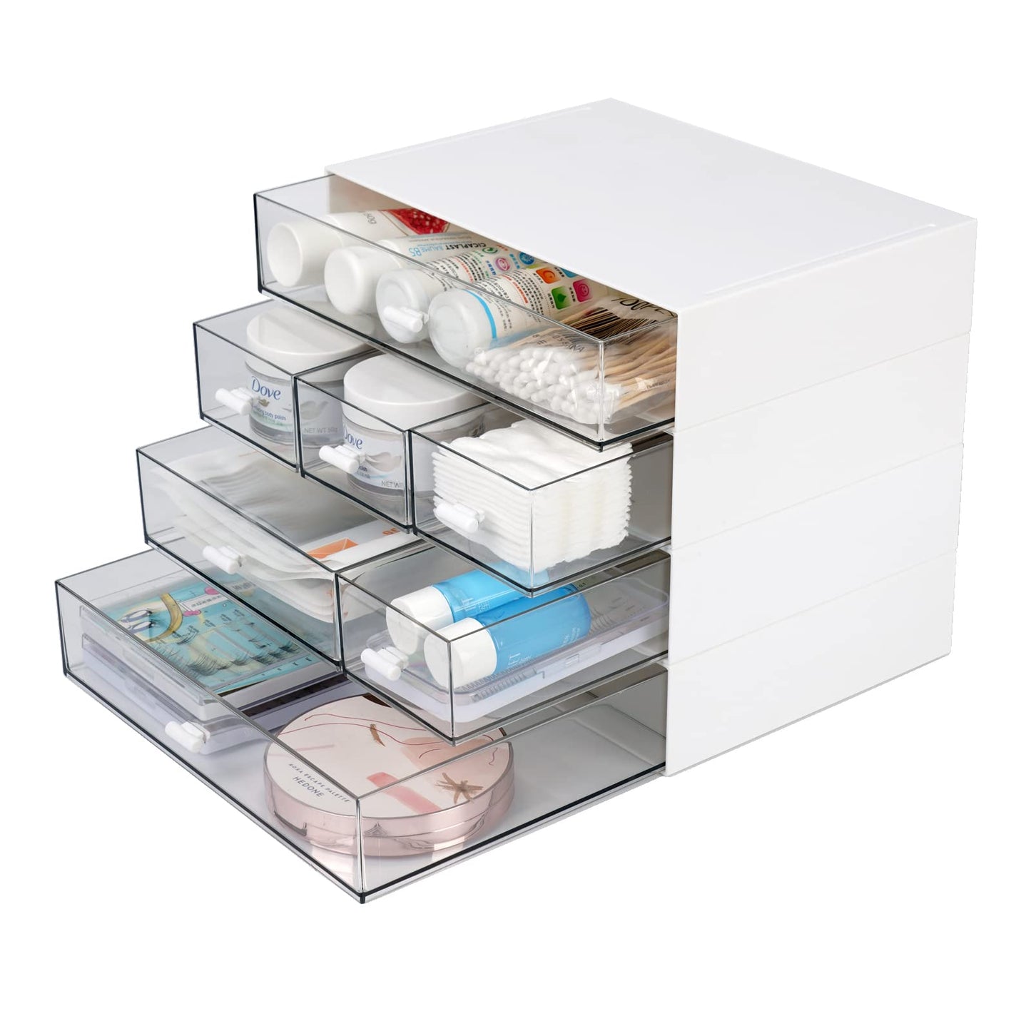 OSteed Desk Craft Organizer and Storage with 7 Flat Drawers, Stackable Plastic Desktop Accessories & Workspace Organizer for Office Stationary, Makeup Skincare, Sanitation Supplies, White