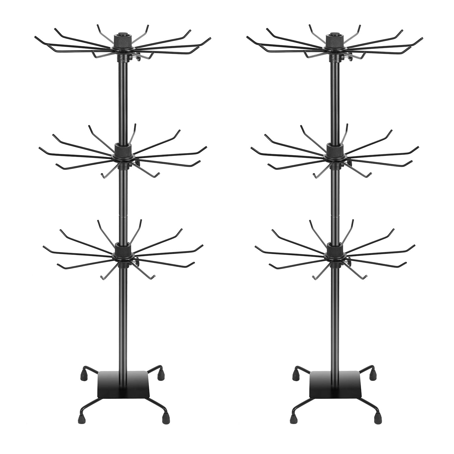 bahforam 2 Pcs 3-Tier Rotating Jewelry Display Stand, 28.35 inch Tall Floor-Standing Metal Rack with 60 Hooks Total (30 per Stand), Adjustable Tiers, Black - Necklaces, Earrings, Keychains