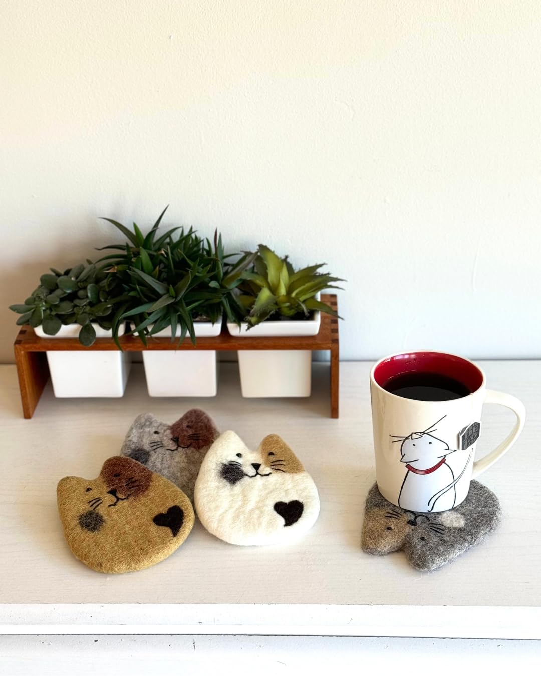 Humble Hilo Handmade Animal Felt Coaster Set of 4, Absorbent Coaster for Animal Lover (Cats)
