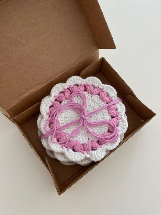 Handmade Crochet Doily Coasters Set of 6 – Pink & White Decent Color Cotton Yarn Wooven Heat Resistance Small Round Coasters for Tea, Coffee, Home & Table Décor