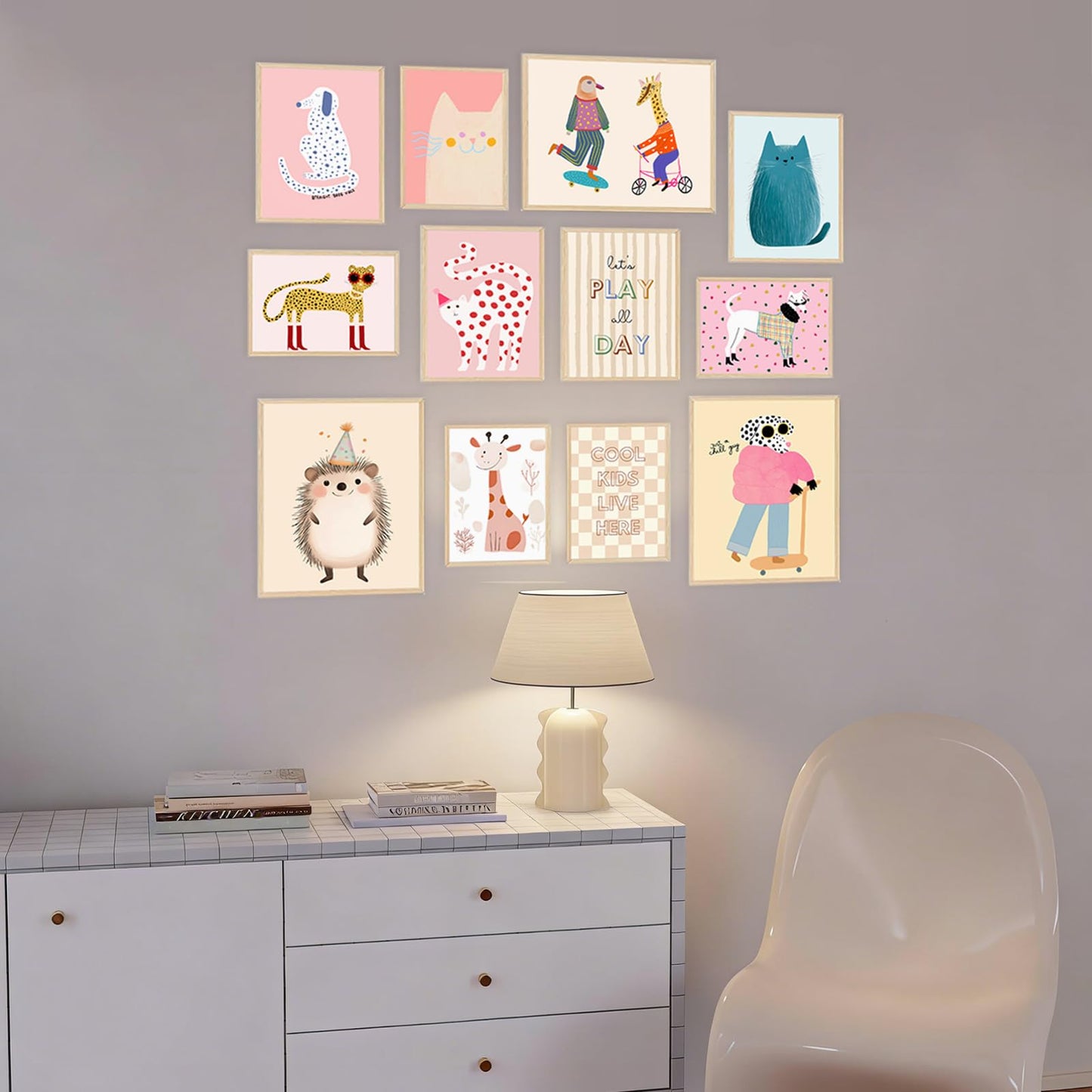 Aroutde 12Pcs Pink Girl Room Decorations Playroom Wall Art, Cartoon Animals Wall Art Funny Cat Dog Giraffe Hedgehog Prints Boys & Girls Kids Toddler Room Bedroom Eclectic Gallery Artwork (Unframed)