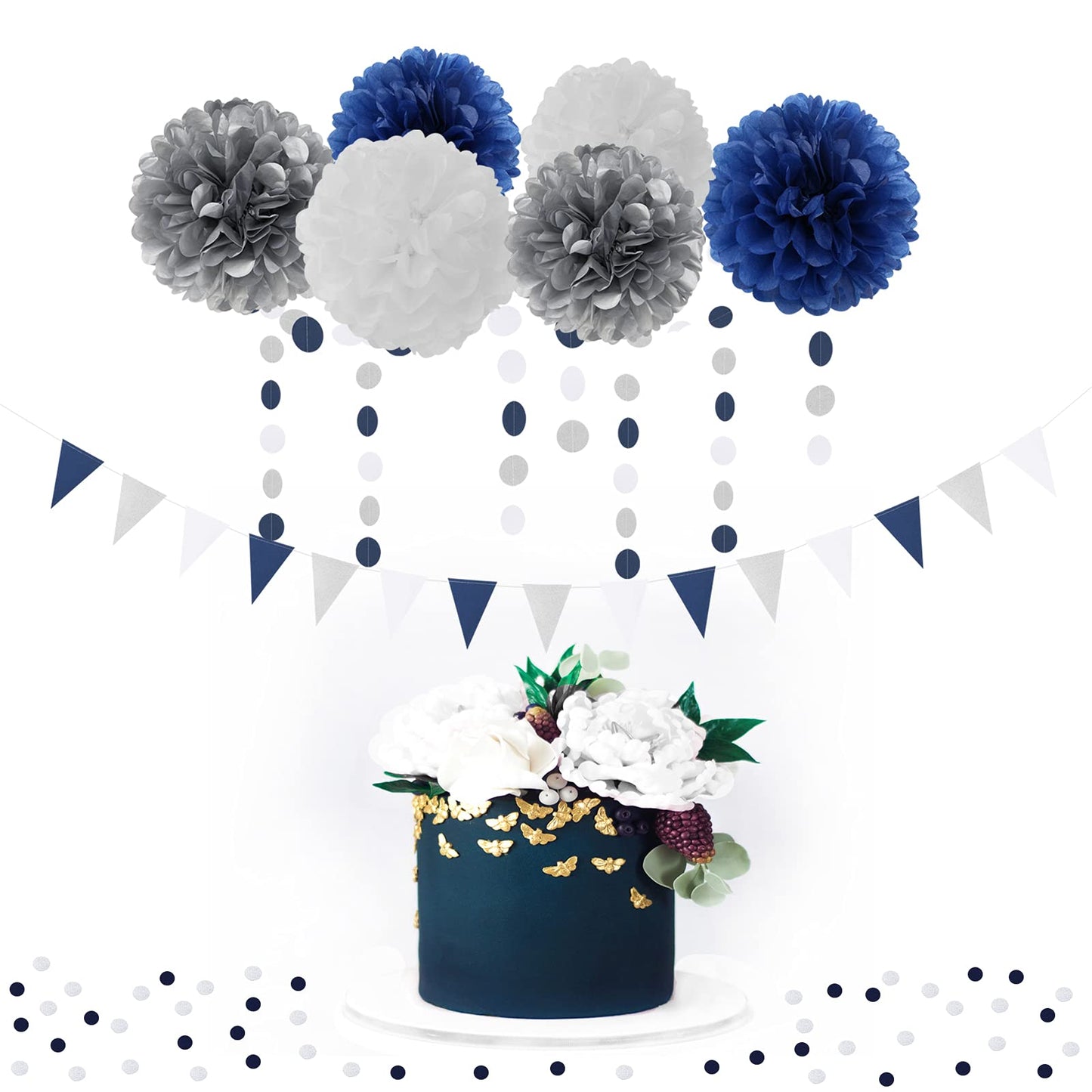 Navy Blue White Silver Party Decorations,23pcs Kit Graduation 2025 Tissue Paper Pom Poms Streamers,Tassel Garland Banner Flowers,Men Birthday Bachelorette Baby Shower Christmas Decor Lasting Surprise