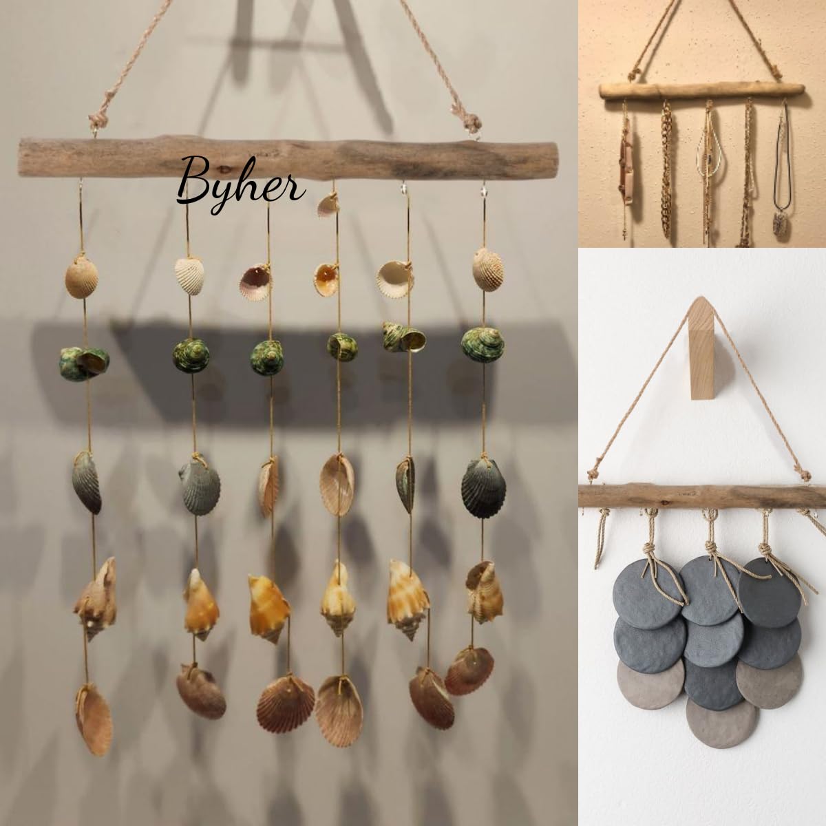 BYHER 15-Inch Driftwood Wall Hanging Jewelry Hanger - Rustic Wood Logs Hanging Branch Decor with 5 Hooks, Handcrafted from Natural Drift Wood Pieces for Crafts (Rustic)