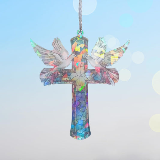 Christian Gifts for Women - Memorial Gifts - Cross Decor – Hologram Acrylic Suncatcher Hanging Decoration – Shimmering Cross with Doves for Window, Christmas Tree, Religious Gifts, Gifts for Mom Girl