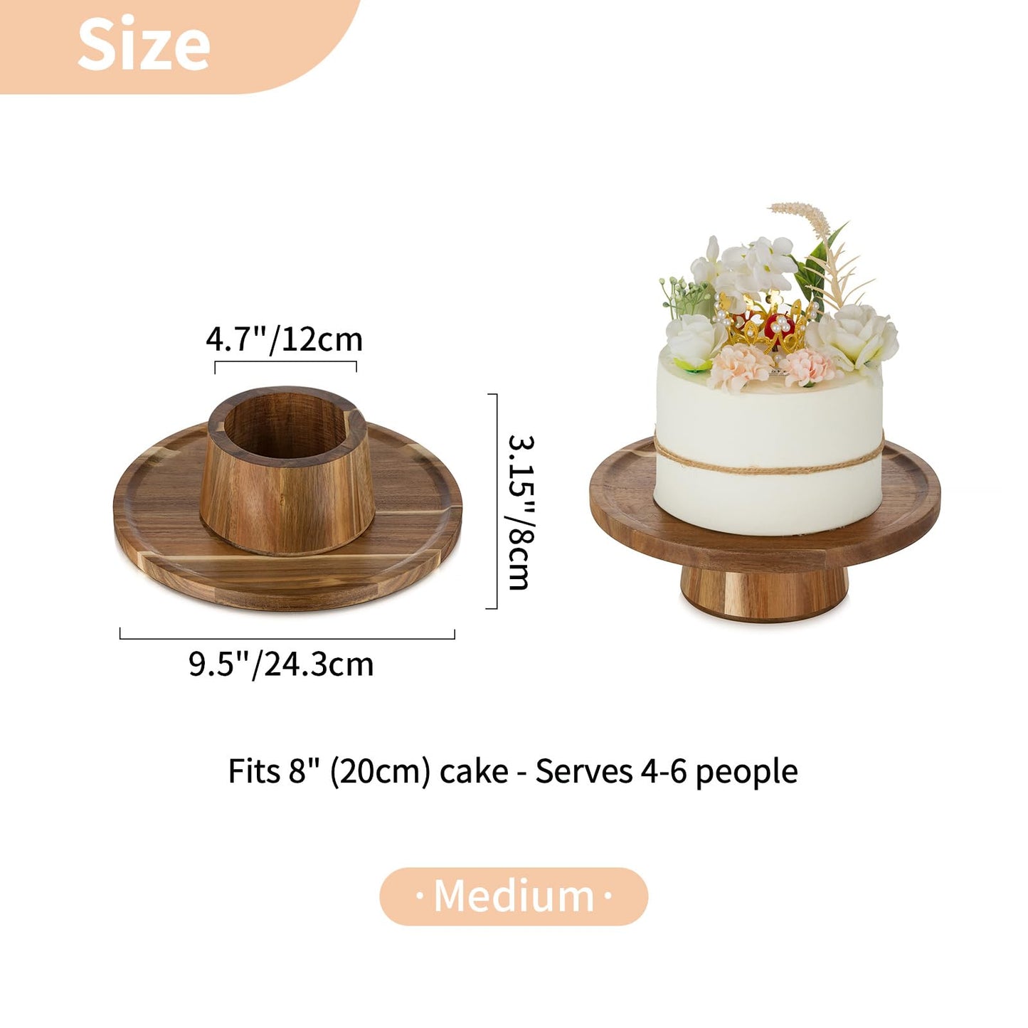 NUPTIO Wooden Rustic Cake Stand: 9.5" Round Cake Pedestal Holder 4 in 1 Vintage Cupcake Stand Serving Tray Dessert Display Plate for Wedding Halloween Christmas Easter Birthday Party - 8 Inch Cake