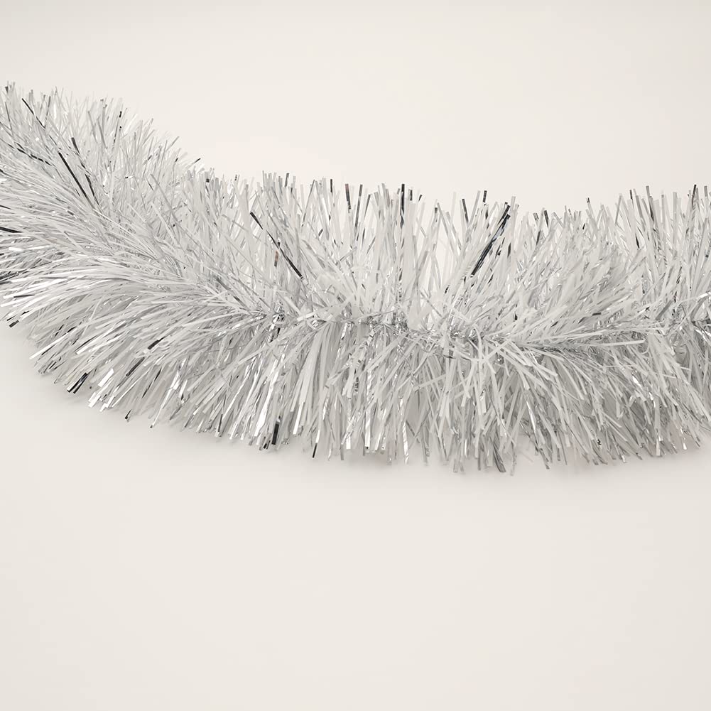 CareCheer 25 Feet Christmas Tree Tinsel Garland Metallic Twist Garland Sparkly Foil Streamer for Mardi Gras Parade Floats Christmas New Year Wedding Birthday, 4" x 25' (Silver & White)