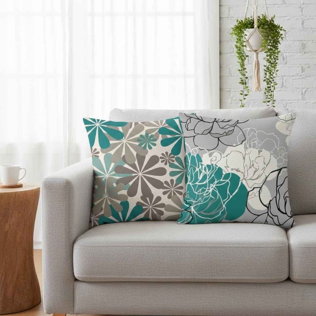 Hopomoon Green Pillow Covers 18x18 Set of 4,Gray and Green Modern Daisy Floral Pillowcases White Linen Square Cushion Covers for Living Room Sofa Bedroom