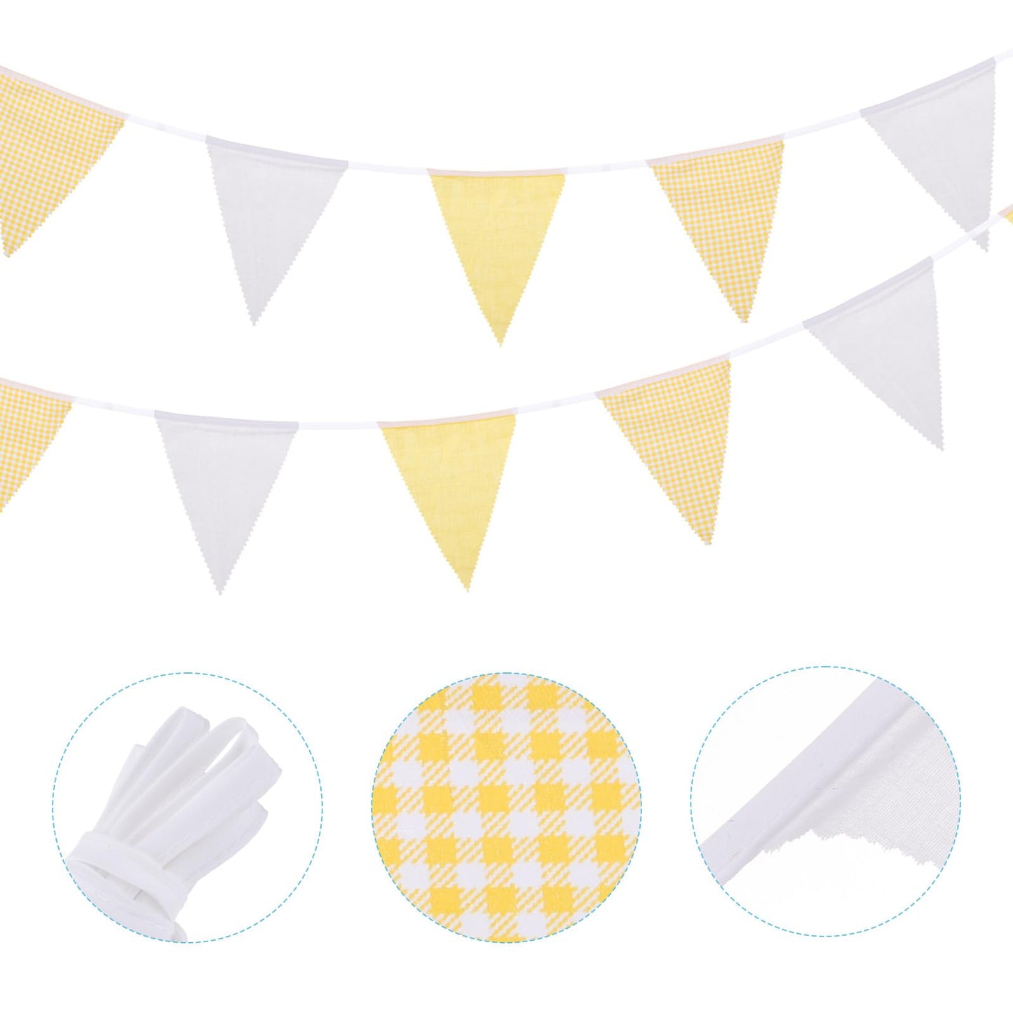 MECCANIXITY 33ft Yellow White Plaid Checkered Pennant Banner, 36 PCS Triangle Flags Fabric Bunting Banner for Birthday Wedding Outdoor Garden Decor