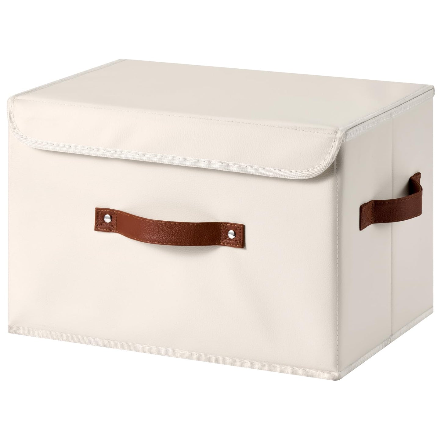 LOLUVIZCO Storage Bins Box with Lids Decorative PU Leather Fabric Baskets Cubes with Handles PP Plastic Board Foldable Washable Lidded Clothing Shelf Closet Organizer Container (Beige, Large)