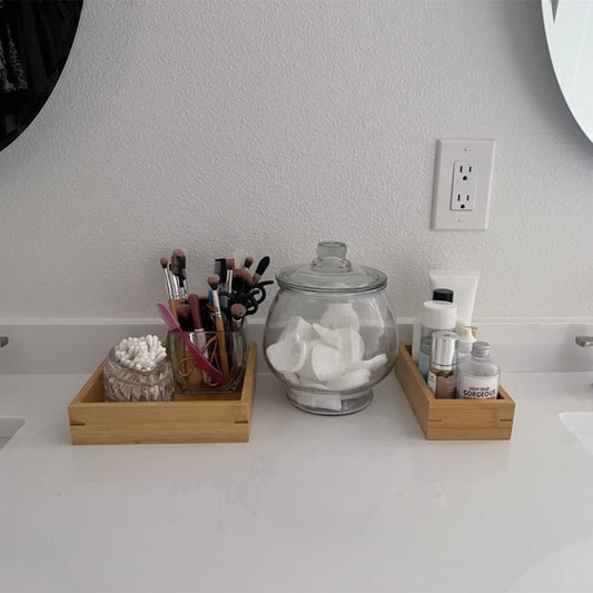 Natural Bamboo Vanity Organizer Set - Wooden Bathroom/Kitchen Countertop Tray, Set of 3