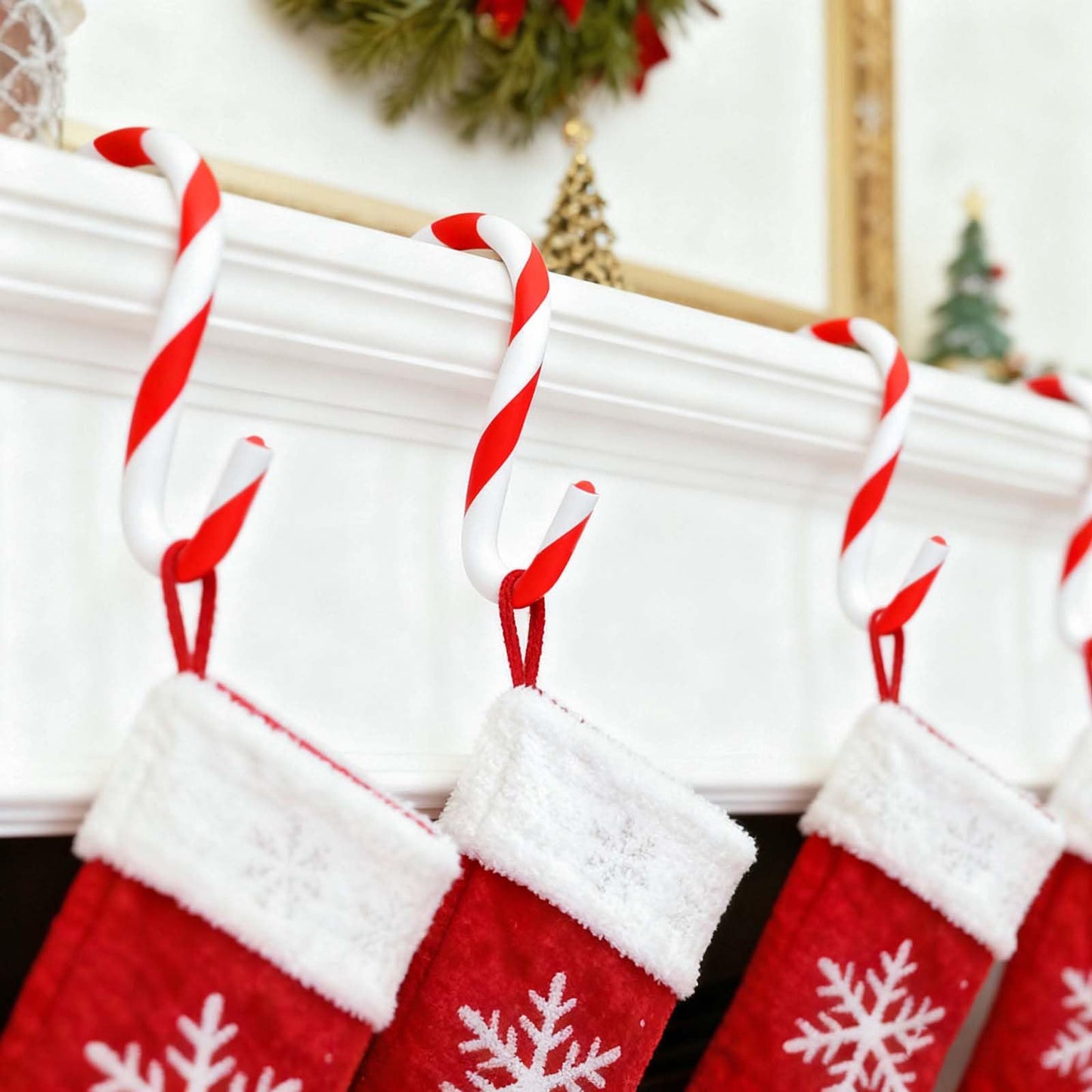 Tixiquns Bendable Stocking Holders for Mantle, Set of 4 Christmas Hooks Fireplace Stocking and Garland Hanger for Mantel, Non-Slip Adjustable Red and White Candy Cane Decor Xmas Decorations