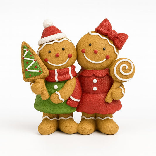 iStatue Christmas Gingerbread Couple Resin Figurine – Hand-Painted Holiday Décor, Boy with Tree Cookie & Girl with Bow and Swirl Lollipop, Tabletop/Mantel Accent (Brown Gingerbread)