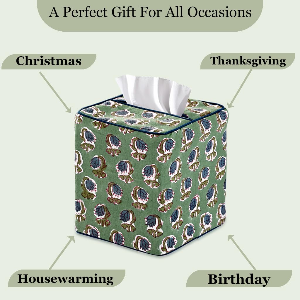 Ridhi Basil Green Block Print Tissue Box Cover Handmade Cotton Fabric Decorative Square Napkin Holder for Home Bedroom Living Room Bathroom Vanity Countertop Car Night Stands Office Kitchen
