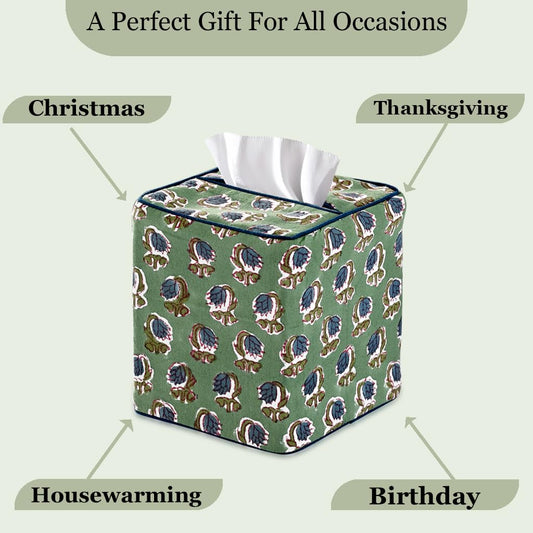 Ridhi Basil Green Block Print Tissue Box Cover Handmade Cotton Fabric Decorative Square Napkin Holder for Home Bedroom Living Room Bathroom Vanity Countertop Car Night Stands Office Kitchen