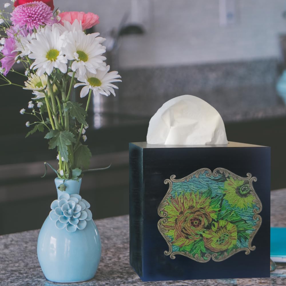 TAIANLE. Rustic Wooden Tissue Box Cover Square, Floral Sunflower Model Facial Tissue Holder, Wood Flower Box Cover Square Cube for Bathroom Bedroom Dinner Decro