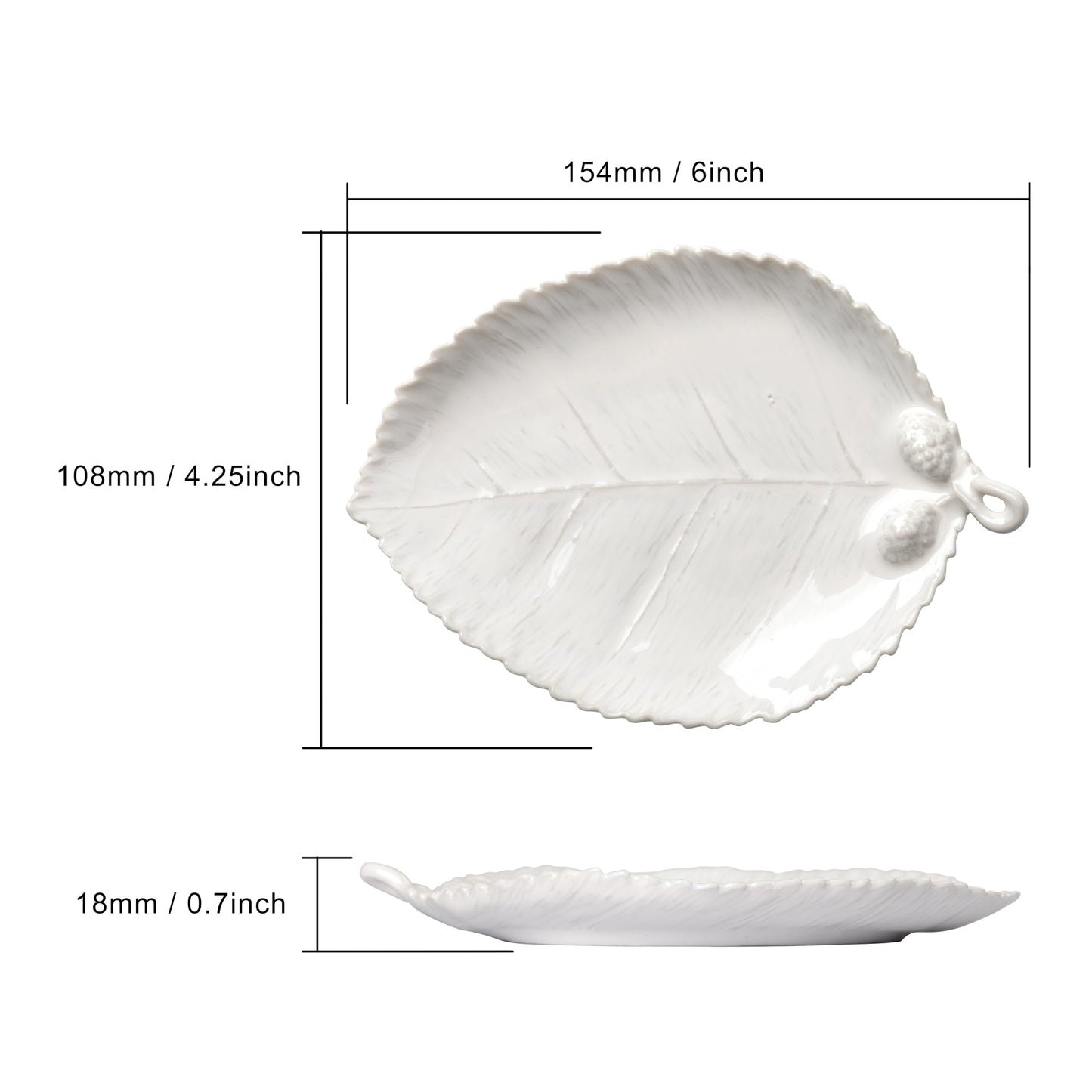 Ceramic Jewelry Dish, Decorative Tray for Rings Earrings Necklaces Bracelet Watch Keys, 4.50" Trinket Tray as Gifts for Women (White Leaf)