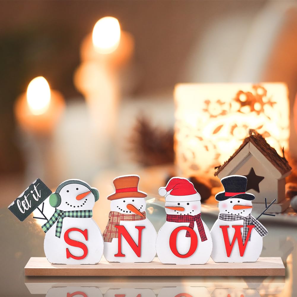 IDATOO Christmas Snowman Decorations, Wooden Snowman Block, Merry Christmas Sign, Rustic Let It Snow Winter Xmas Decor, Festive Holiday Centerpiece for Table Mantel Tiered Tray (Let it snow)