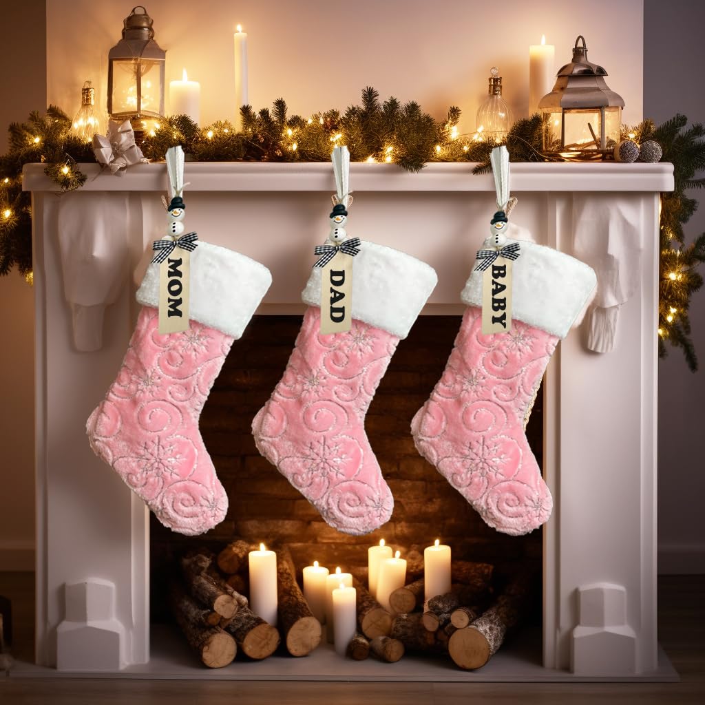 AOGU 3Pack 19 Inch Sequin Faux Fur Christmas Stockings Sequin Snowflake Hanging Ornaments Candy Gift Bags for Christmas Decorations Pink