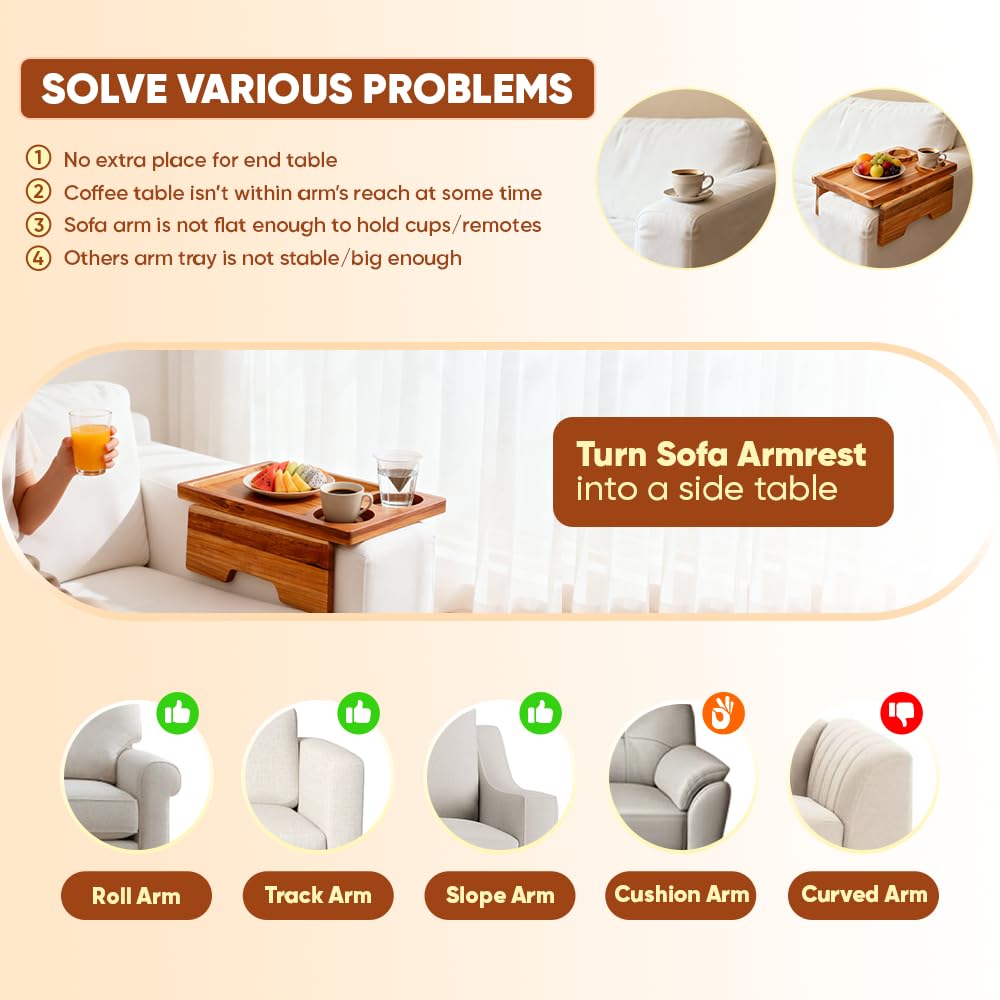 Dynamic-top 15.35" x 10.24" Teak Wood Couch Arm Tray, Sofa Armrest Table with Dual Cup Holders, Clip-on Tray for Wide Couch - Side Table for Eating & Drink, Snack, Phone, Remote