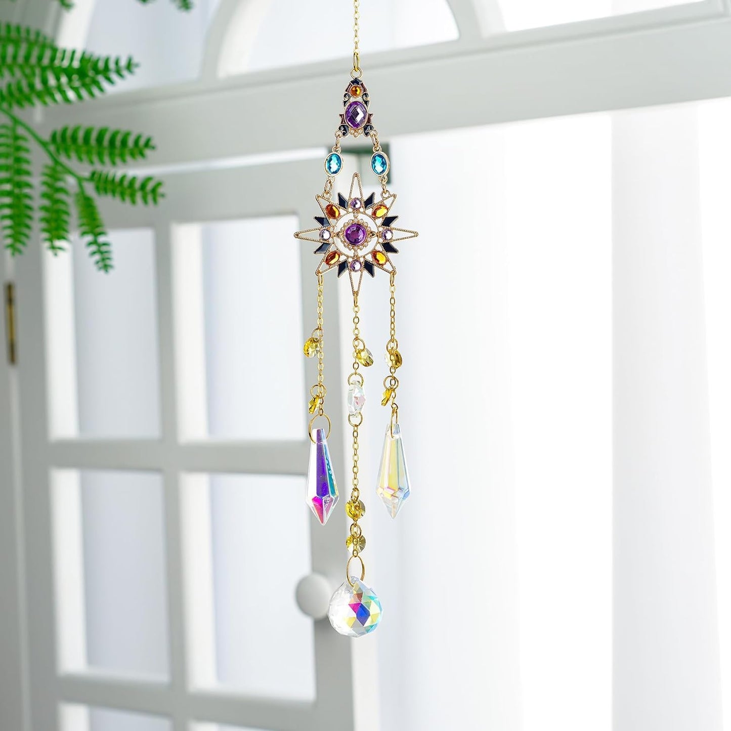 Hanging Sun Catchers with Crystals, Glass Icicle Prisms Rhinestones Suncatcher, Rainbow Maker Pendant Indoor Window Home Car Decor Gift