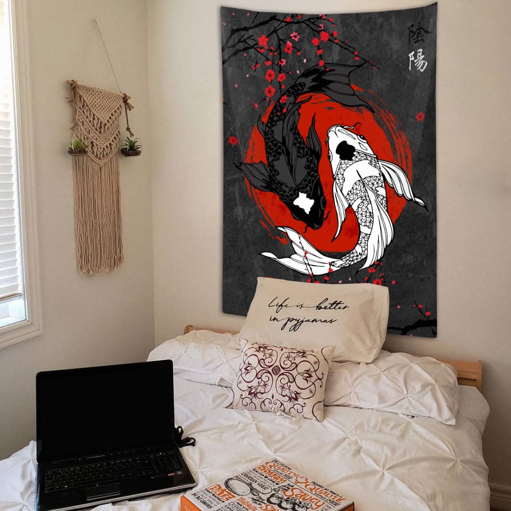 Sanzugh Japanese Yin Yang Koi Fish Tapestry, Cool Red and Black Anime Sakura Art Tapestries Vertical Wall Hanging for Men Bedroom Living Room Office Decor 40X60, Asian Cherry Blossoms Posters
