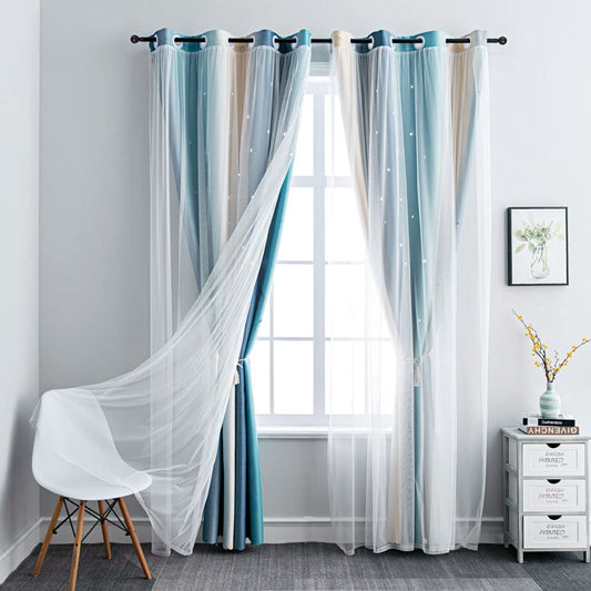 FANLI Ombre Rainbow Blackout Curtains for Kid Girls Bedroom Living Room Darking Stripe Double Layer Star Cut Out Wall Home Decor Gradient Grommet Window Curtains (Blue/Yellow, 52W x 63L)