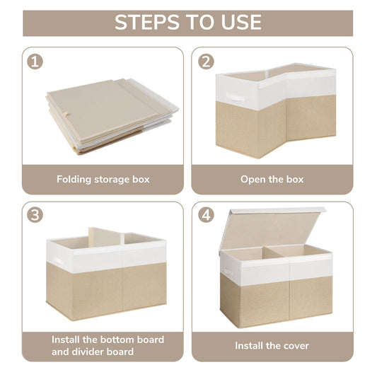INDRESSME Large Toy Box with Lid, Collapsible Toy Storage Organizer Chest with Divider, Foldable Toy Bin for Kids Boys Girls Playroom Nursery Bedroom Living Room 25"x16"x13" (Beige & White)