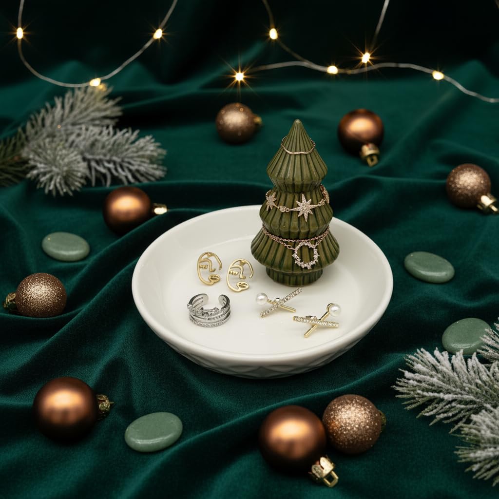 mono living Moss Green Christmas Tree Ring Dish - Ceramic Jewelry Holder for Kitchen Sink or Vanity - Aesthetic Sage Green Room Decor, Holiday Xmas Tree Trinket Tray, Christmas Gifts for Women