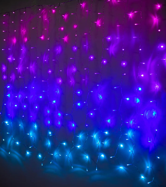 Pink Purple & Blue Ombre Fairy Curtain Lights with Dimmer Switch, Ombre Rainbow LED Icicle String Curtain Lights for Girls' Bedroom, Teen Room, Kids' Room, Wedding, Mother's Day, Mermaid Decor
