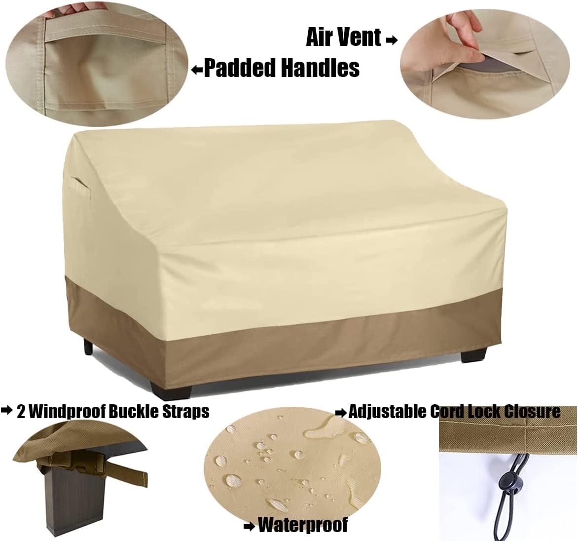 Rutile Heavy Duty Patio Sofa Cover, 100% Waterproof 2-Seater Outdoor Deep Lounge Sofa Cover, Lawn Patio Furniture Covers with Air Vent and Handle,58" Wx 36" Dx 30" H