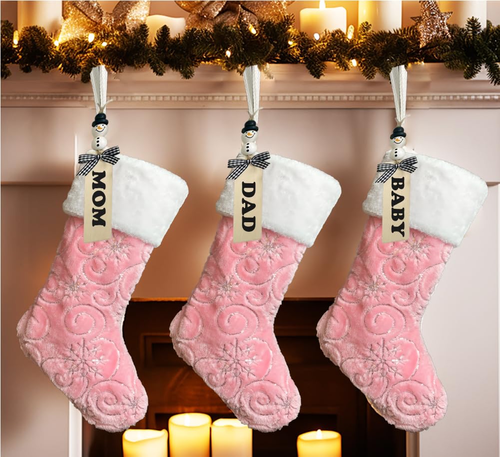 AOGU 3Pack 19 Inch Sequin Faux Fur Christmas Stockings Sequin Snowflake Hanging Ornaments Candy Gift Bags for Christmas Decorations Pink
