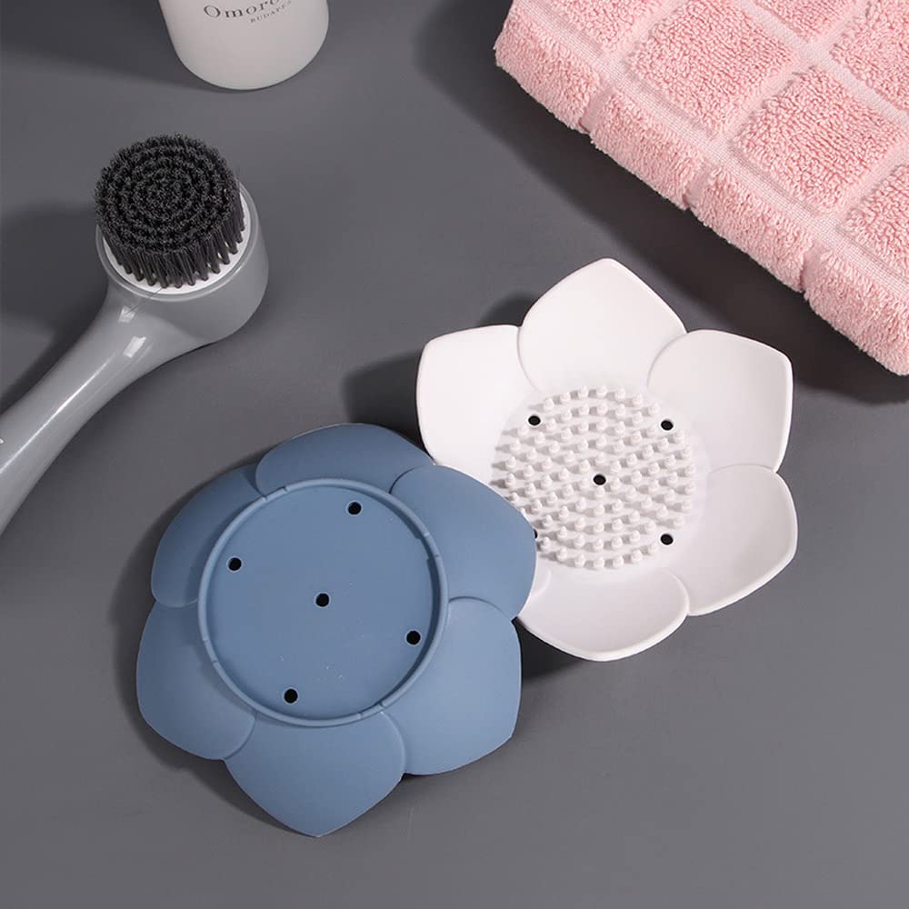 Soap Dishes with Draining, Bathroom Bar Soap Holder for Shower, Soap Tray for Kitchen Sink, Silicone Flower Shape Soap Saver for Counter, Bathtub. Extend Soap Life, Easy Dry (2 Pack, Pink + Blue)