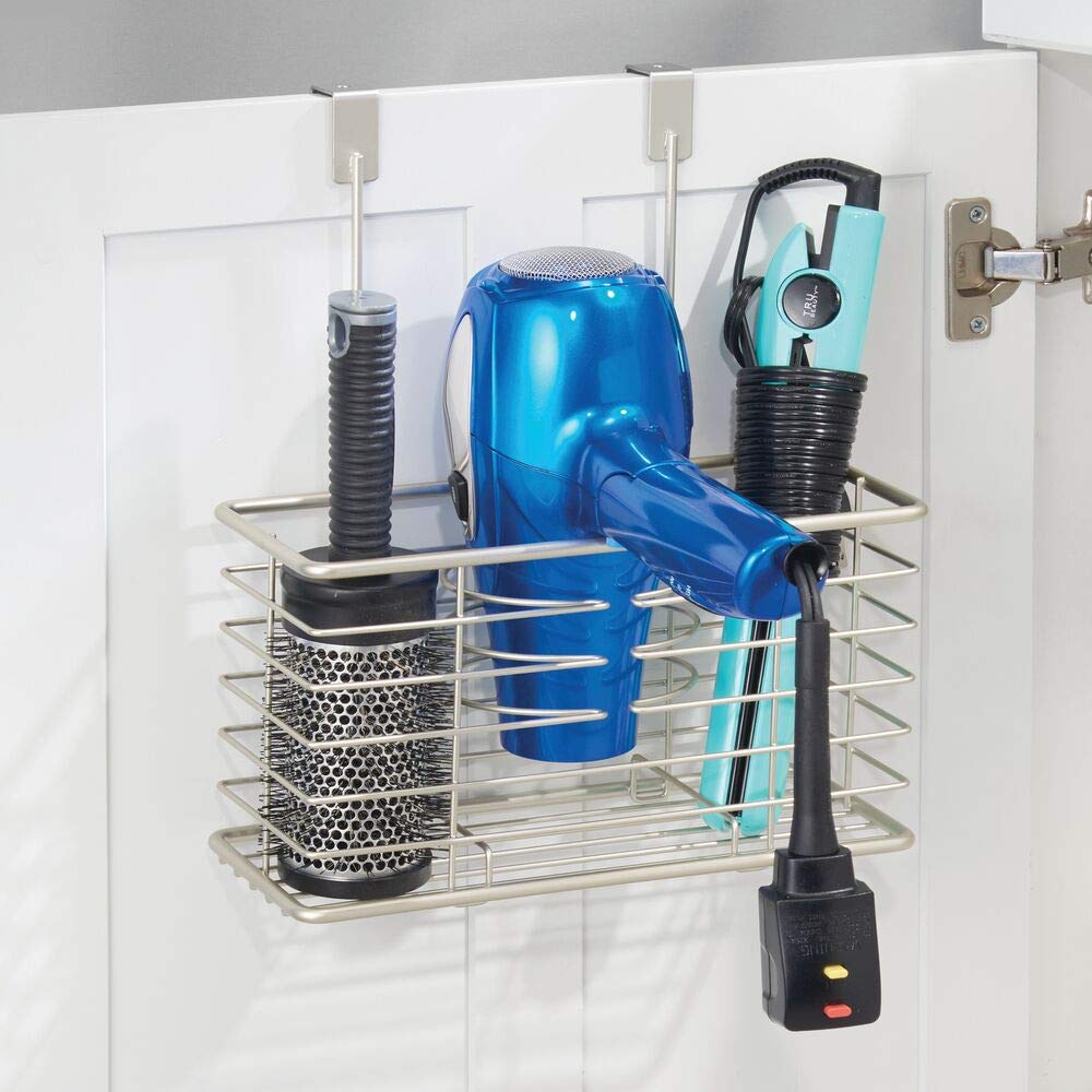 mDesign Steel Over Cabinet/Door Hair Dryer Holder Storage, Hair Styling Tool Organizer Basket for Bathroom - Blow Dryer, Flat Iron, Curling Wand, Straightener, Linelle Collection - Satin