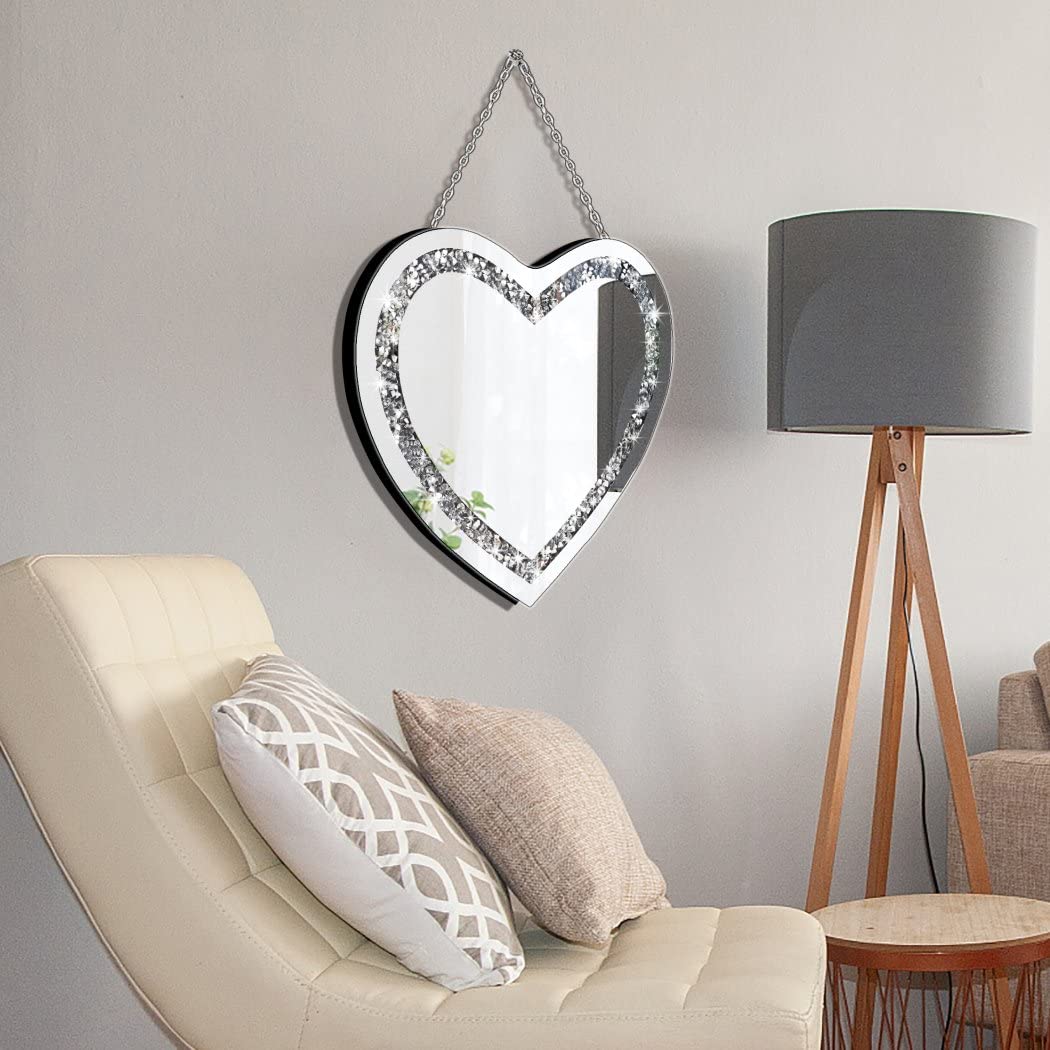 DMDFIRST Crystal Crush Diamond Heart Shaped Silver Mirror with Silver Stainless Steel Chain for Wall Decoration 12x12x0.5 inch Frameless Glam Mirror