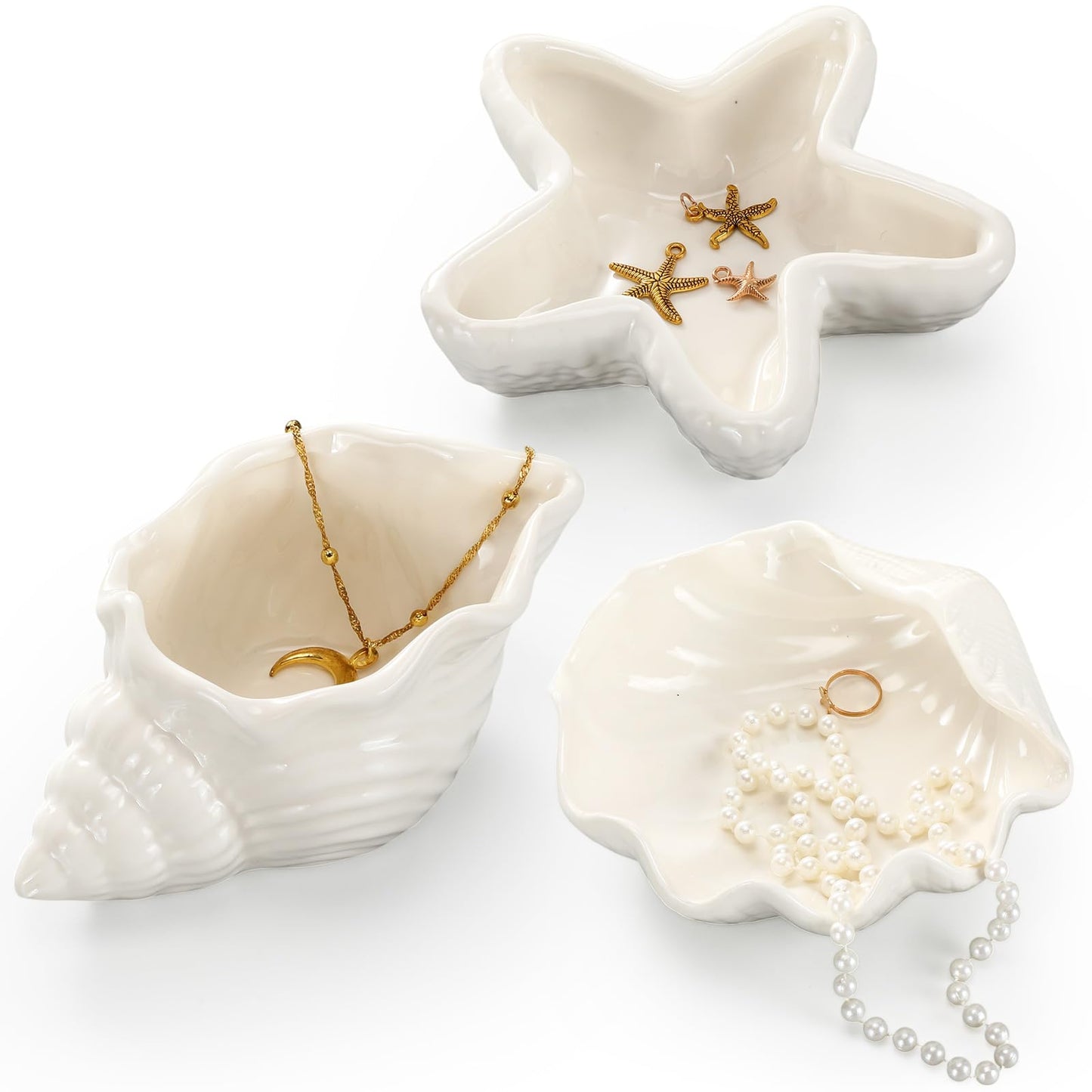 Teenyyou 3 Pcs Ceramic Conch Shell Jewelry Dish Tray Ear Ring Holder Jewelry Plate Key Bowl for Room Vanity Decor Accessory(White)