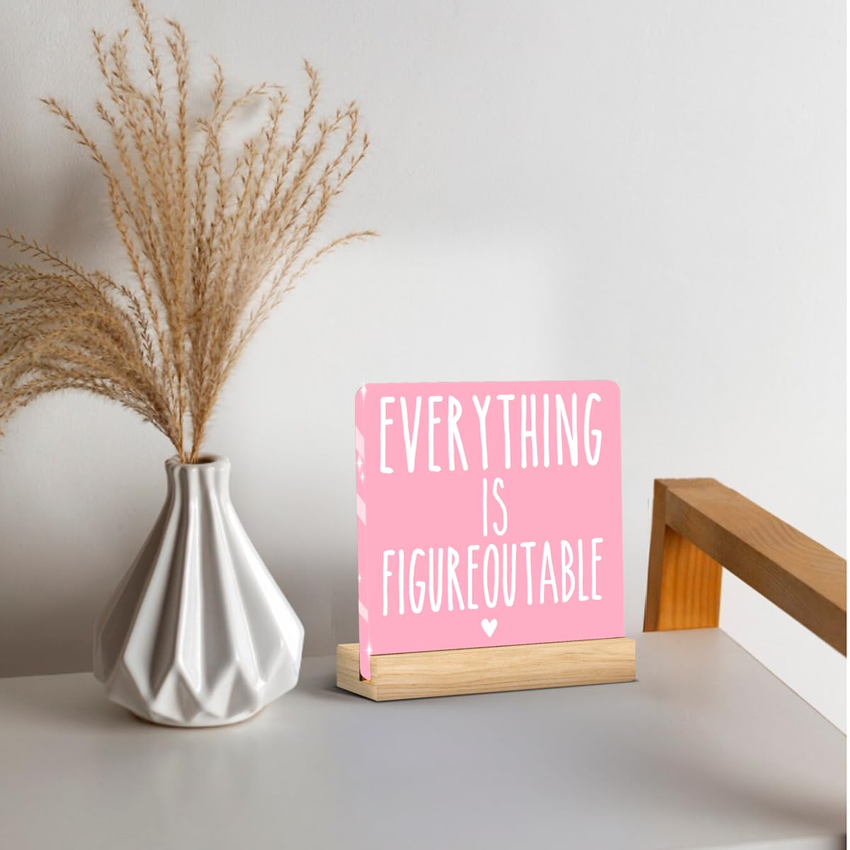 Pink Home Office Desk Decor, Inspirational Farmhouse Acrylic Sign for Tabletop Cubicle Shelf Desk Accessories Everything is Figureoutable Coworker, Friend Beautiful Bookshelf Decor