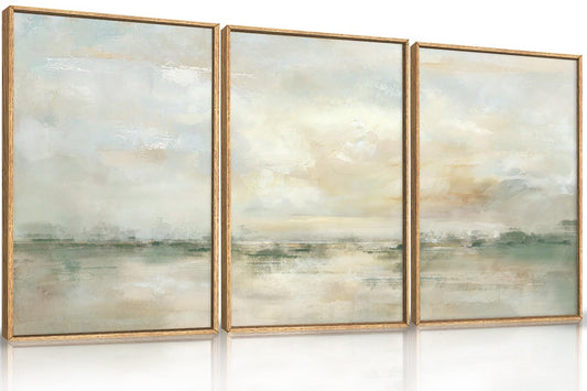 LHIUEM Large Abstract Green Gray Pastel Framed Canvas Wall Art,Neutral Landscape Wall Decor,Modern Watercolor Lake Artwork,Beige Textured Illustrations Art for Living Room,Bedroom,Office- 16"x24"x3