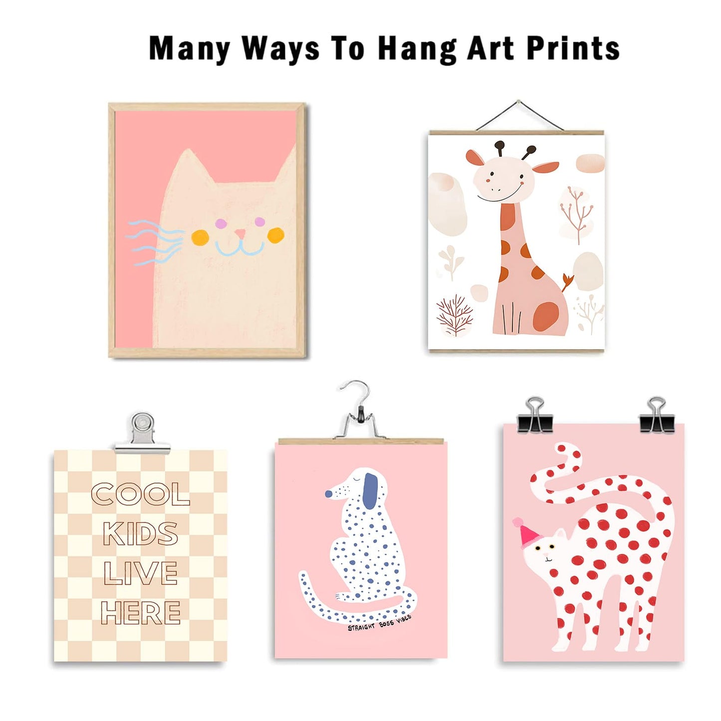 Aroutde 12Pcs Pink Girl Room Decorations Playroom Wall Art, Cartoon Animals Wall Art Funny Cat Dog Giraffe Hedgehog Prints Boys & Girls Kids Toddler Room Bedroom Eclectic Gallery Artwork (Unframed)