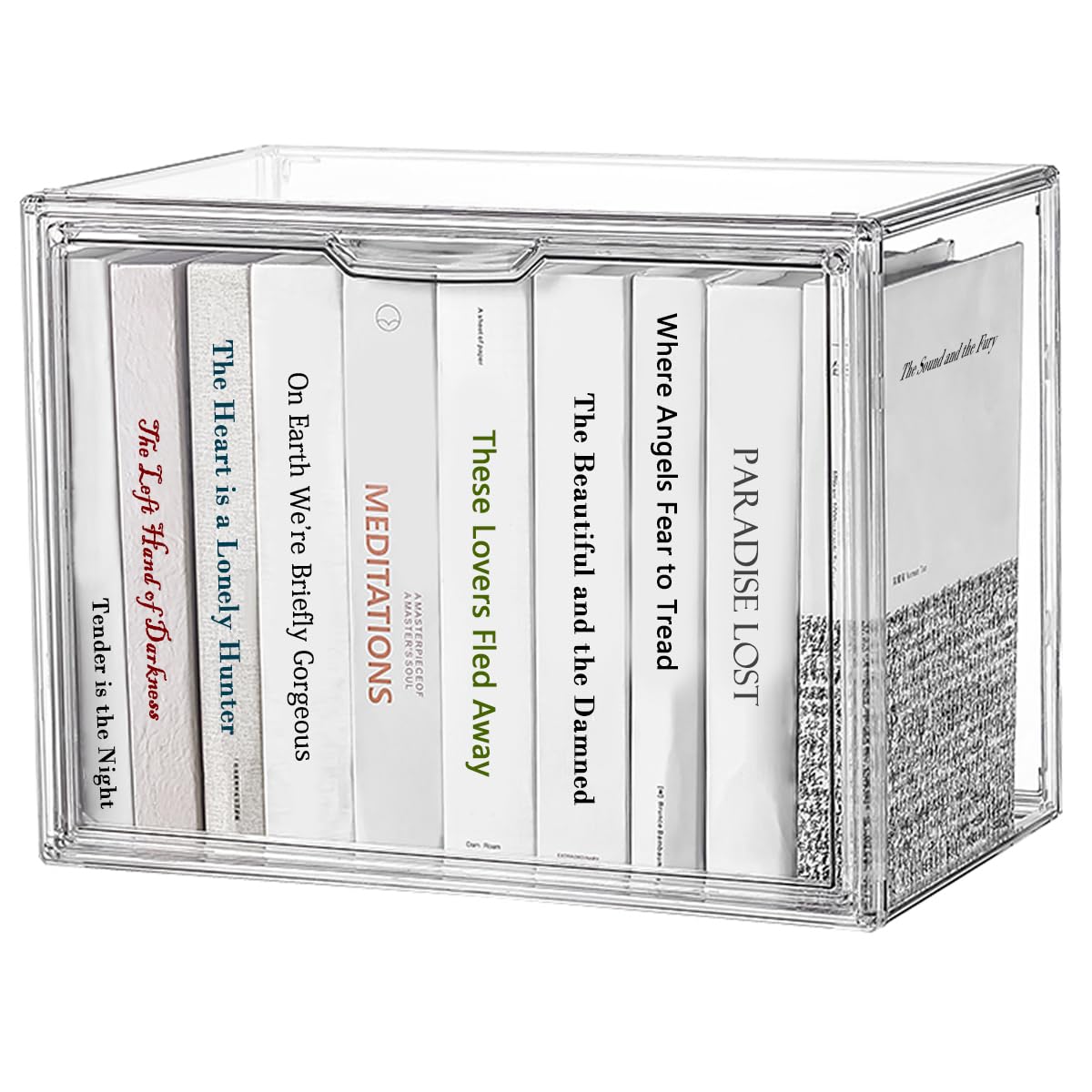 Clear Acrylic Bookcase, Book Organizer Box, Portable Book Containers with Magnetic Door, Stackable Display Case for Purses Handbags Dolls Toys Shoes(Clear, 14.17" ×10.63"×8.66")