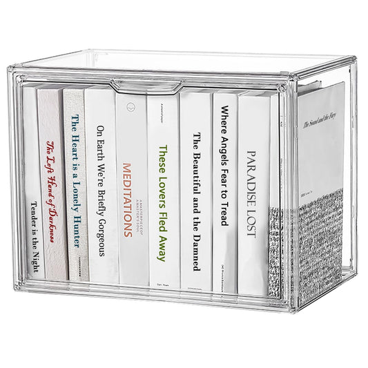 Clear Acrylic Bookcase, Book Organizer Box, Portable Book Containers with Magnetic Door, Stackable Display Case for Purses Handbags Dolls Toys Shoes(Clear, 14.17" ×10.63"×8.66")