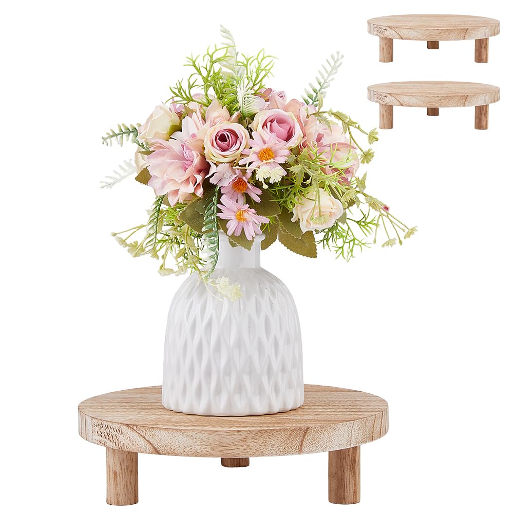 SUPERFINDINGS 2 Sets Wood Plant Stand 25cm Round Wooden Plant Stool Tan Wooden Riser Display Pedestal Low Flower Pot Holder for Indoor Outdoor Desktop Counter Room