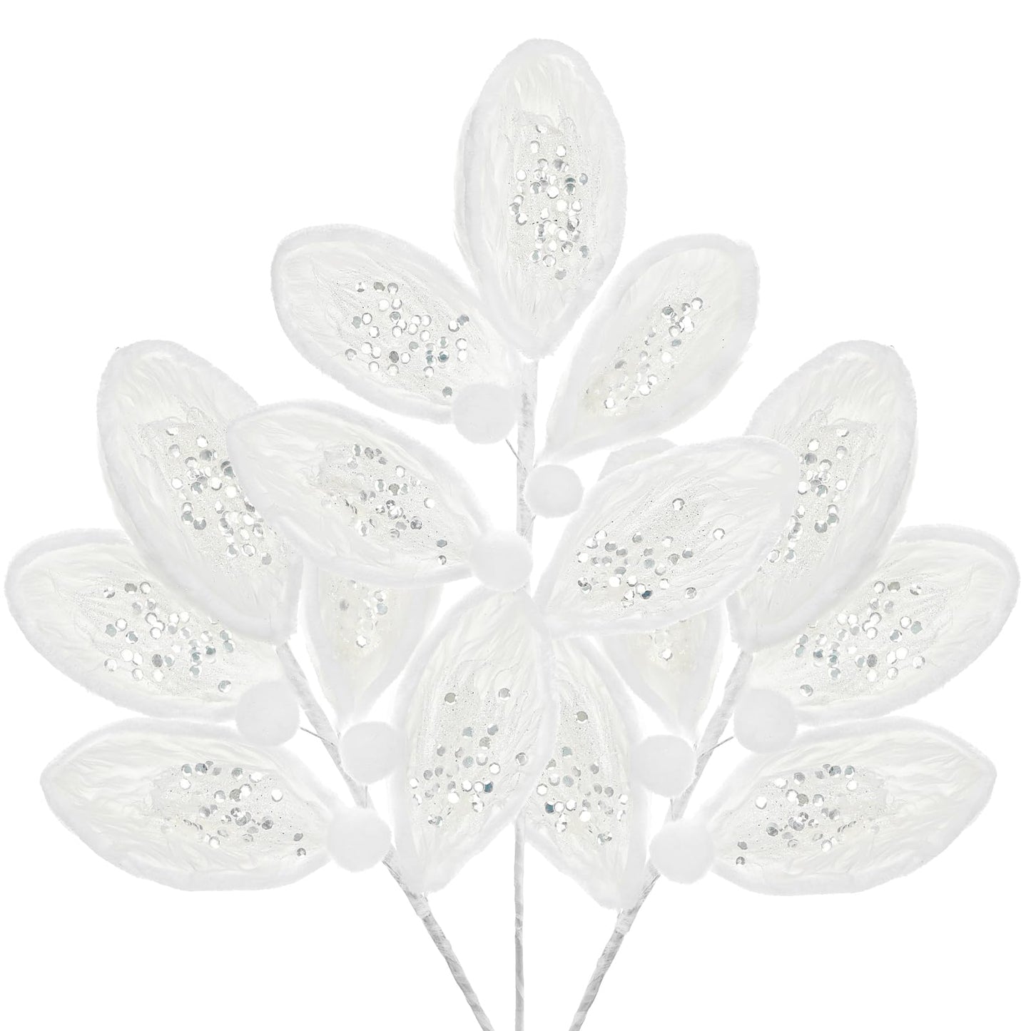 Briful 3PCS White Fur Christmas Picks and Sprays - 21.2" Plush Christmas Leaves Stems with Glitter Sequins for Xmas Tree Wreath Garland Holiday Floral Decor