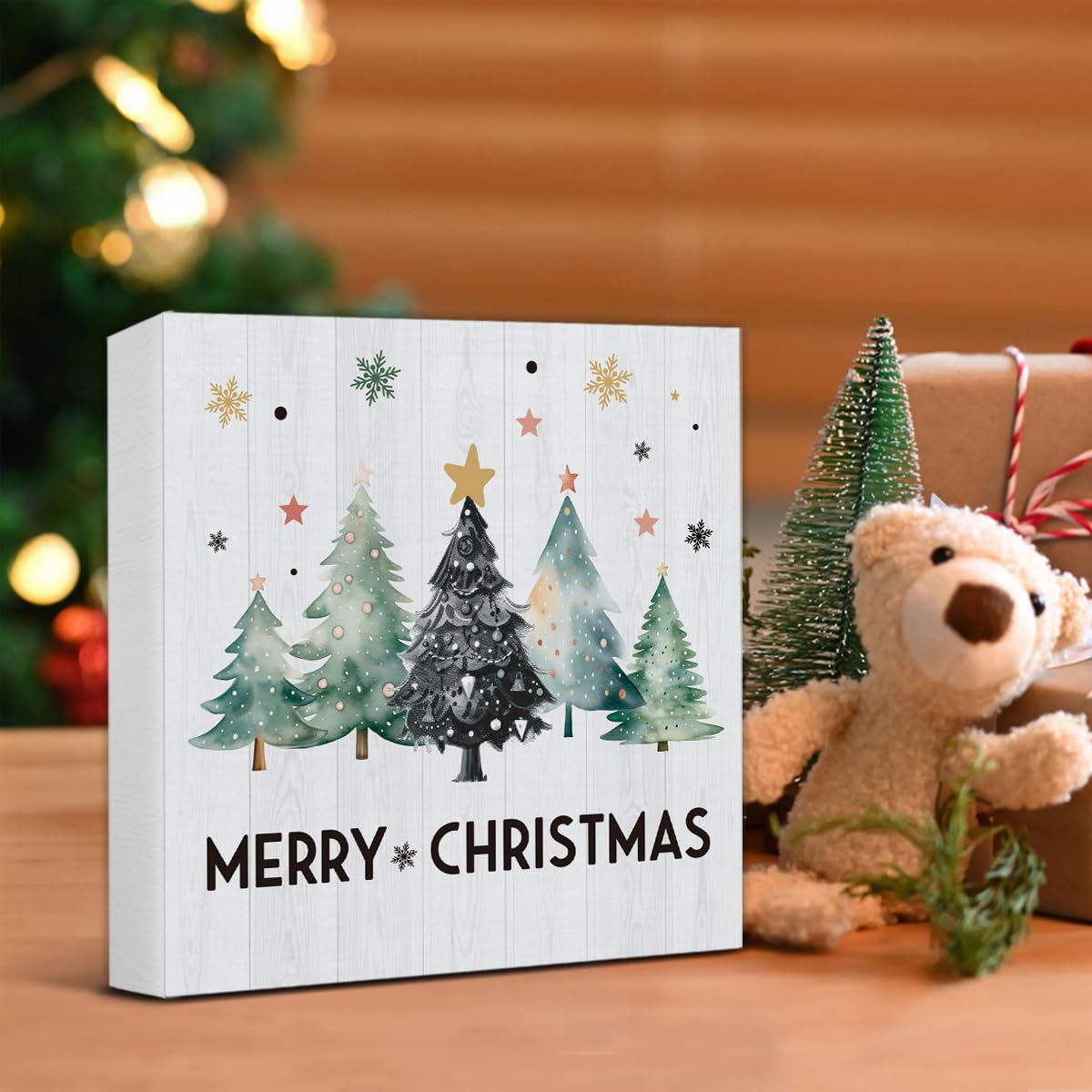 Merry Christmas Decorations - Christmas Tree Decor, Rustic Vacation Wooden Sign, Home Office Decor for Desk Table Shelf 5 X 5 Inches